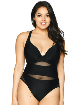 CURVY KATE SHEER CLASS UNDERWIRE PLUNGE ONE PIECE SWIMSUIT (Black)