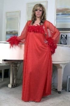 Triangle Feather Trimmed Long Robe with Matching Thong - Red